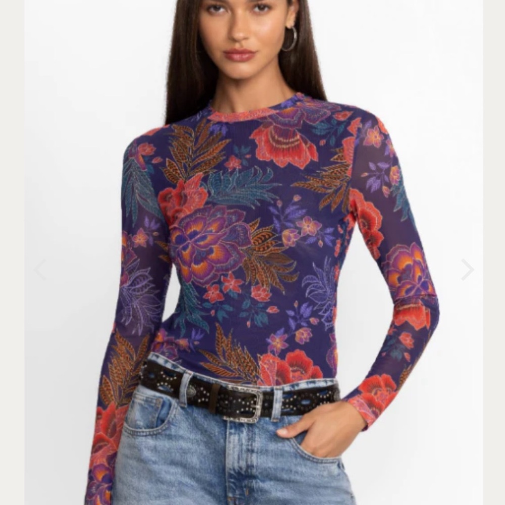 Jade by Johnny Was Multicolor Floral Long Sleeve Mesh Top